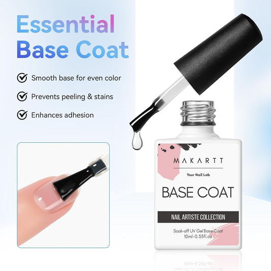 Makartt 2 Pcs Gel Top Coat and Base Coat Set - No Wipe Shine Finish Soak Off Base Top Coat Long Lasting for Gel Nail Polish, LED UV Lamp Need, Salon Quality Nail Manicure Gifts, 10ML