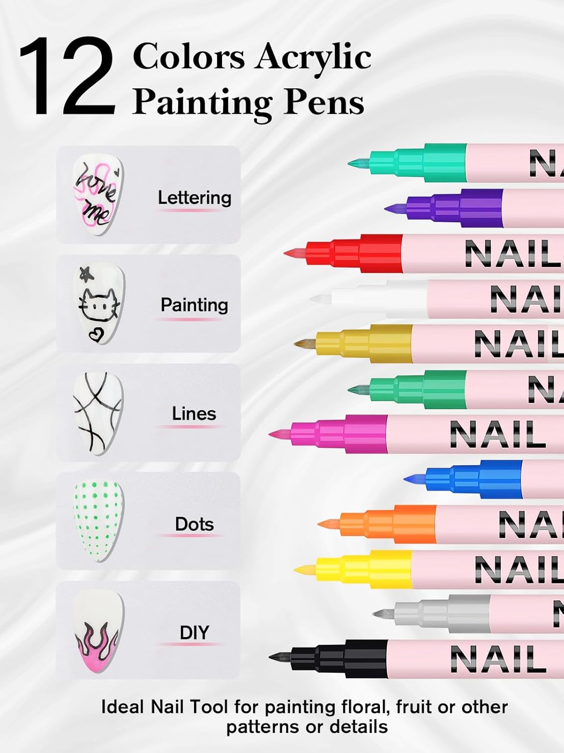 EBANKU 12 Colors Nail Art Pens Set, 3D 0.7MM Nail Polish Pens Quick-Drying Nail Art Acrylic Paint Nail Point Dotting Liner Pen Tools for Home & Salon Nail DIY