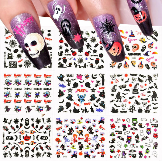 30 Sheets Halloween Nail Stickers Pumpkin Ghost Face Nail Charms Decals 3D Self Adhesive Spider Web Cat Bat Manicure Art Sticker for Acrylic Nails DIY Decorations