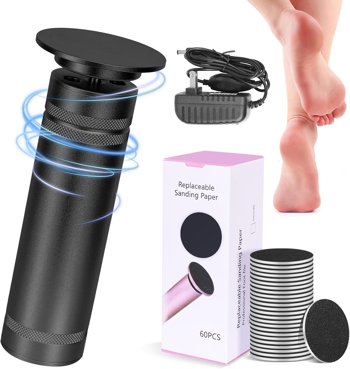 PowerPro Electric Foot Callus Remover,36W Professional 1200rpm Heavy Duty Metal Grinder for Dead Skin Automatic Foot Sander with 60pcs Sandpaper Pads for Home Use Pedicure (Black)