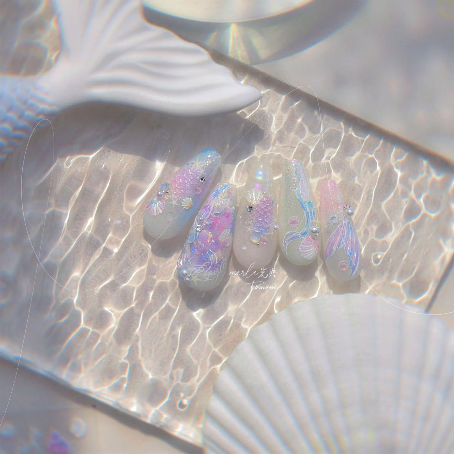 Summer Seashell Starfish Nail Art Stickers 5D Embossed Shiny Shell Nail Decals Cute Mermaid Nail Accessories Ocean Theme Summer Nails Design Pearl Bow Nail Adhesive Sliders for Women Manicure