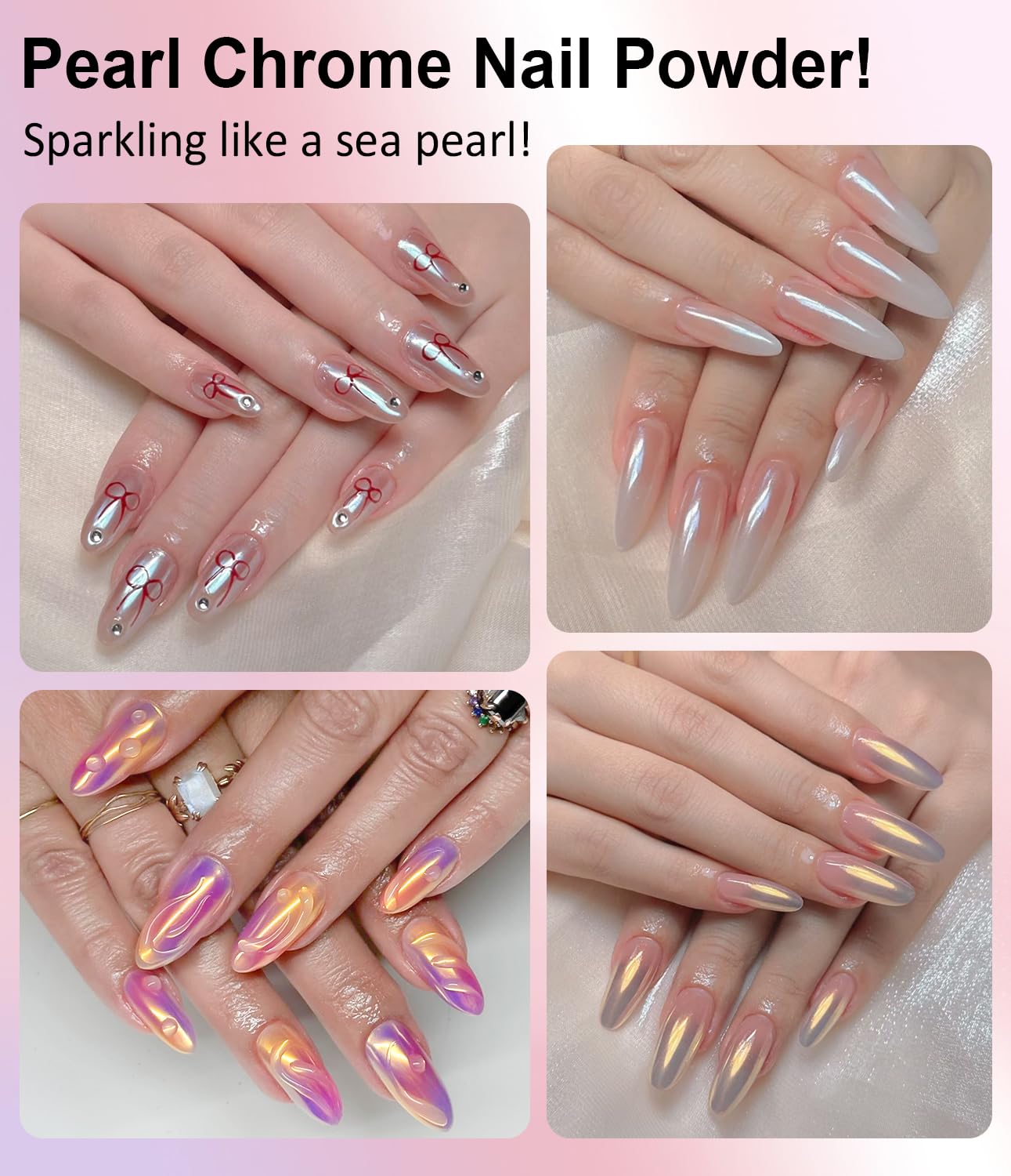 White Chrome Nail Powder: 4Pcs Iridescent Aurora Mermaid Pearl Chrome Powder Pearl Dust Kit for Gel for Gel Nails Art Decoration