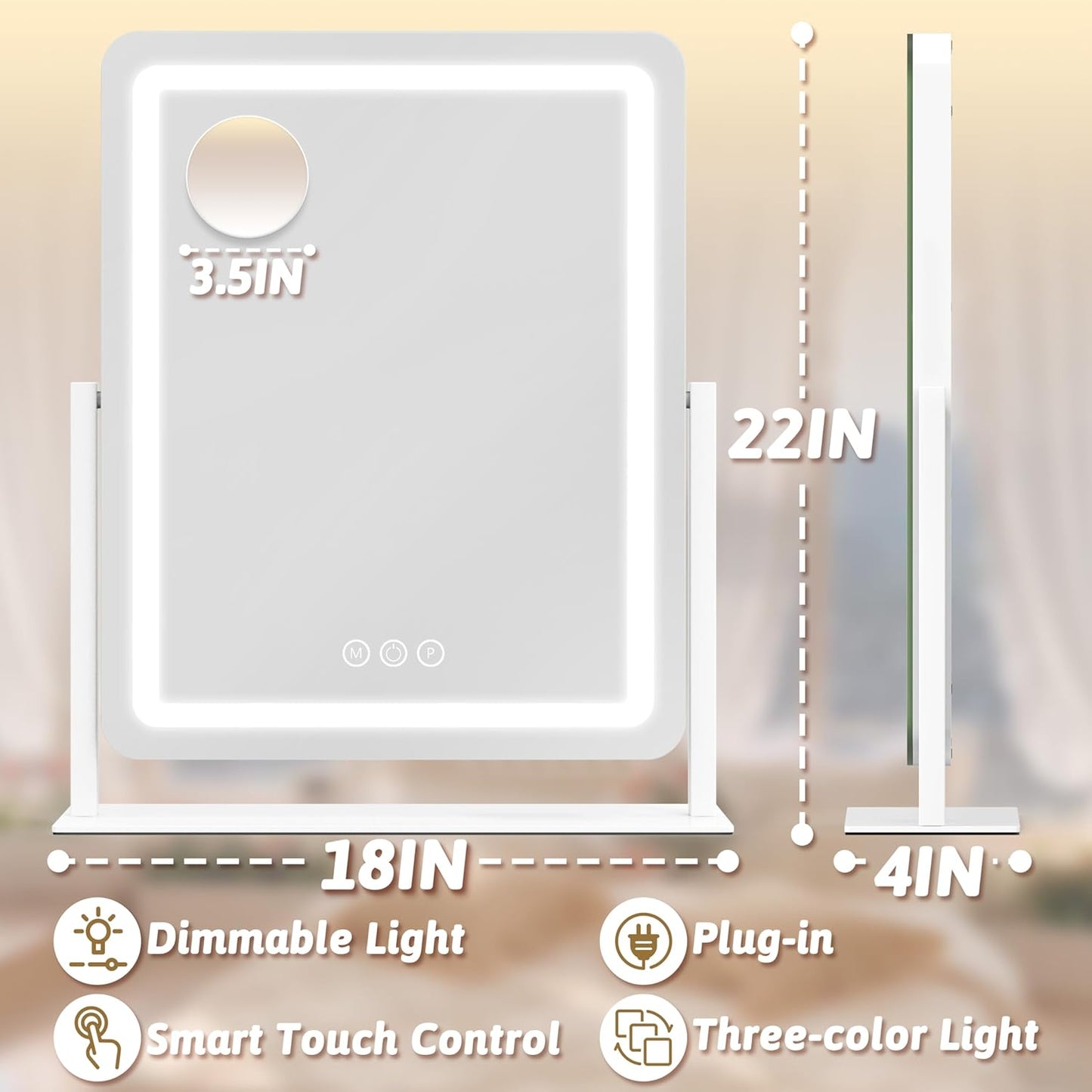 22x18 Inch Vanity Mirror with Lights, 3 Color Dimmable LED Lighting, Smart Touch Control & 360° Rotation, Large Makeup Mirror for Bedroom, Dressing Room (White)