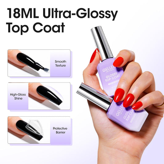 GELLEN 2 Pcs No Wipe Gel Top Coat Set, 18 ml Glossy Top Coat Gel Nail Polish, High Shiny Soak Off UV Lamp Clear Nail Polish, Home Salon Manicure Set