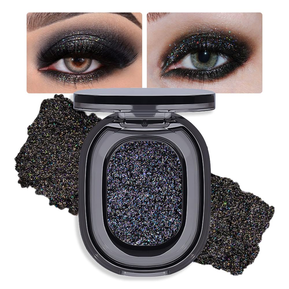 Black Glitter Eyeshadow Palette Makeup for Women, Glitter Shimmer Metallic Holographic Iridescent Single Monochrome Eyeshadow Halloween Birthday Party Wear Makeup, Sombras Crema Para Ojos