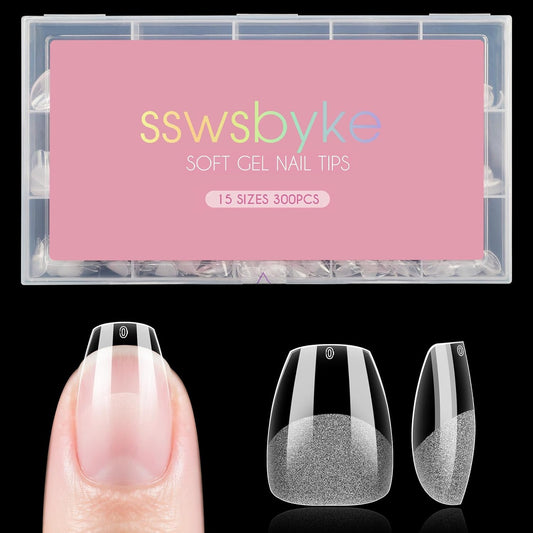 Extra Short Coffin Nail Tips, SSWSBYKE 300pcs 15 Sizes Gel Acrylic Nail Tips for Full Cover Pre-Shaped Fake Nails Tips Half Matte Press On Nails for Extension Home DIY Salon