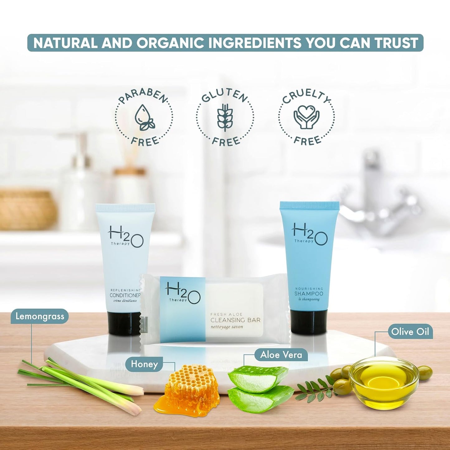 H2O Therapy Hotel Soaps and Toiletries Bulk Set | 1-Shoppe All-In-Kit Amenities for Hotels & Airbnb | 0.85 oz Hotel Shampoo & Conditioner, 1 oz Bar Soap Travel Size | 150 Pieces