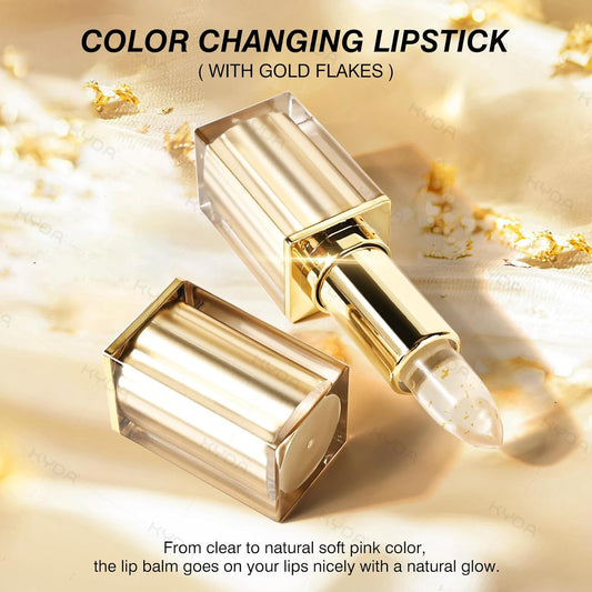 KYDA Transferproof Color Changing Lipstick with Gold Flakes, Changes from Clear to Sheer Pink, Moisturizing Tinted Lip Balm, Deep Nourishment, PH Changing Lipstick, Glossy Shine Lip Balm
