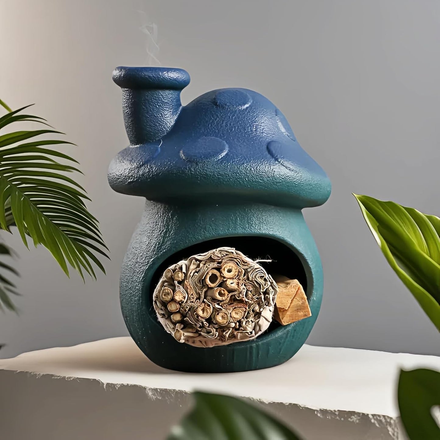 Mushroom Incense Holder, Blue Ceramic Palo Santo Holder Burner & Sage Holder - Mini Tabletop Chiminea Burner Tray with Ash Catcher, Cute Mushroom Decorations for Spiritual Meditation & Yoga