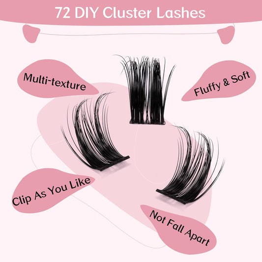 Cluster Lashes, 72 Pcs Individual Lashes, Lash Clusters DIY Eyelash Extension, Super Thin Band Reusable Soft & Comfortable (Deceive-D-8-16mix)