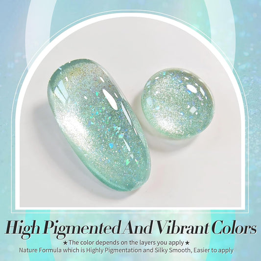 Born Pretty Green Cat Magnetic Eye Gel Nail Polish Shimmer Glitter Flakes Holographic Aurora Mint Green Magnetic Gel Polish Nail Art Manicure DIY at Home 15ML