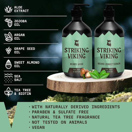 Striking Viking Beard Wash and Conditioner (Tea Tree & Biotin) - Paraben & Sulfate Free Cleansing Care for All Beard Types (10oz Per Bottle)
