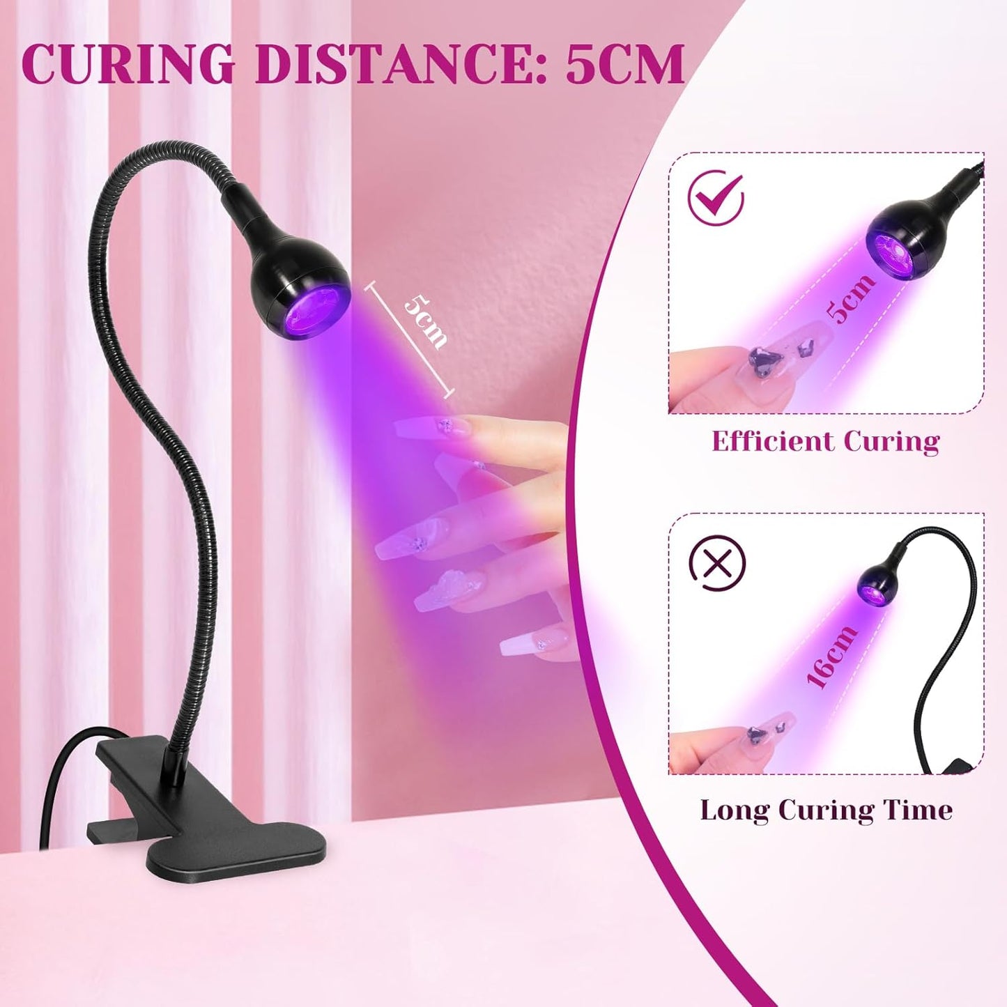 AORAEM UV LED Nail Lamp, Quick Drying UV Light for Gel Nails Foot Control LED Nail Cure Lamp, Flash Cure Light with Black Gooseneck and Clamp for Gel Nails