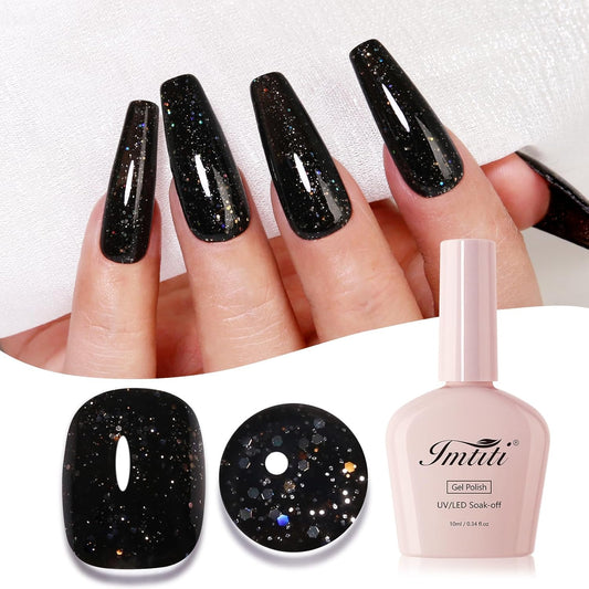 Imtiti Glitter Gel Nail Polish, Black Iridescent Glitter Gel Polish Diamond Shimmer Sparkle Soak Off UV LED Autumn Winter Manicure 10ML