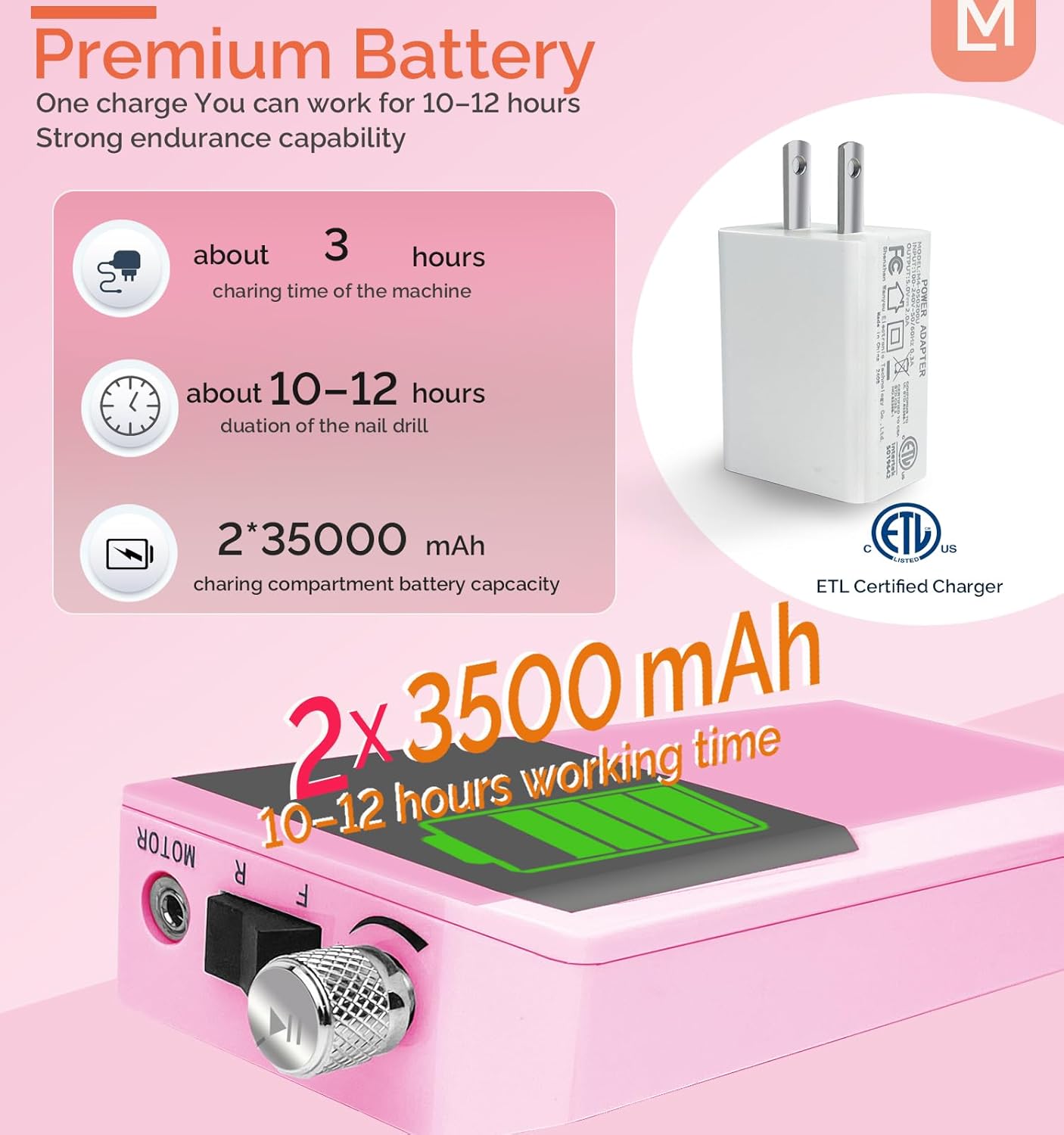 Professional Nail Drill Machine - 2-in-1 Brushless Motor Nail File, 45000 RPM 2*3500mAh Portable Efile for Acrylic Gel Nails with 6 Bits & ETL-Certified USB Charger for Salon & Home(Pink)