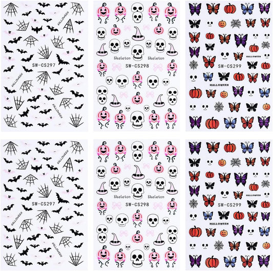 Halloween Nail Art Stickers Ghost Nail Decals 3D Horror Ghost Skull Spider Web Bat Pumpkin Butterfly Self-Adhesive Decals Designs Halloween Nail Supplies for Women Manicure Holiday Decorations 6Sheets