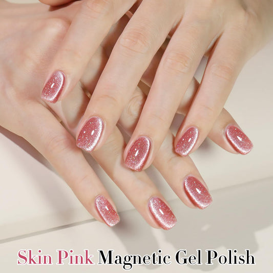 Double Rhythm 15ML Ice Glass Cat Eye Gel Polish with Magnet Holographic Glitter Shimmer Translucent Sheer Color Salon Soak Off Magnetic Nail at Home (Skin Pink-MC1065)
