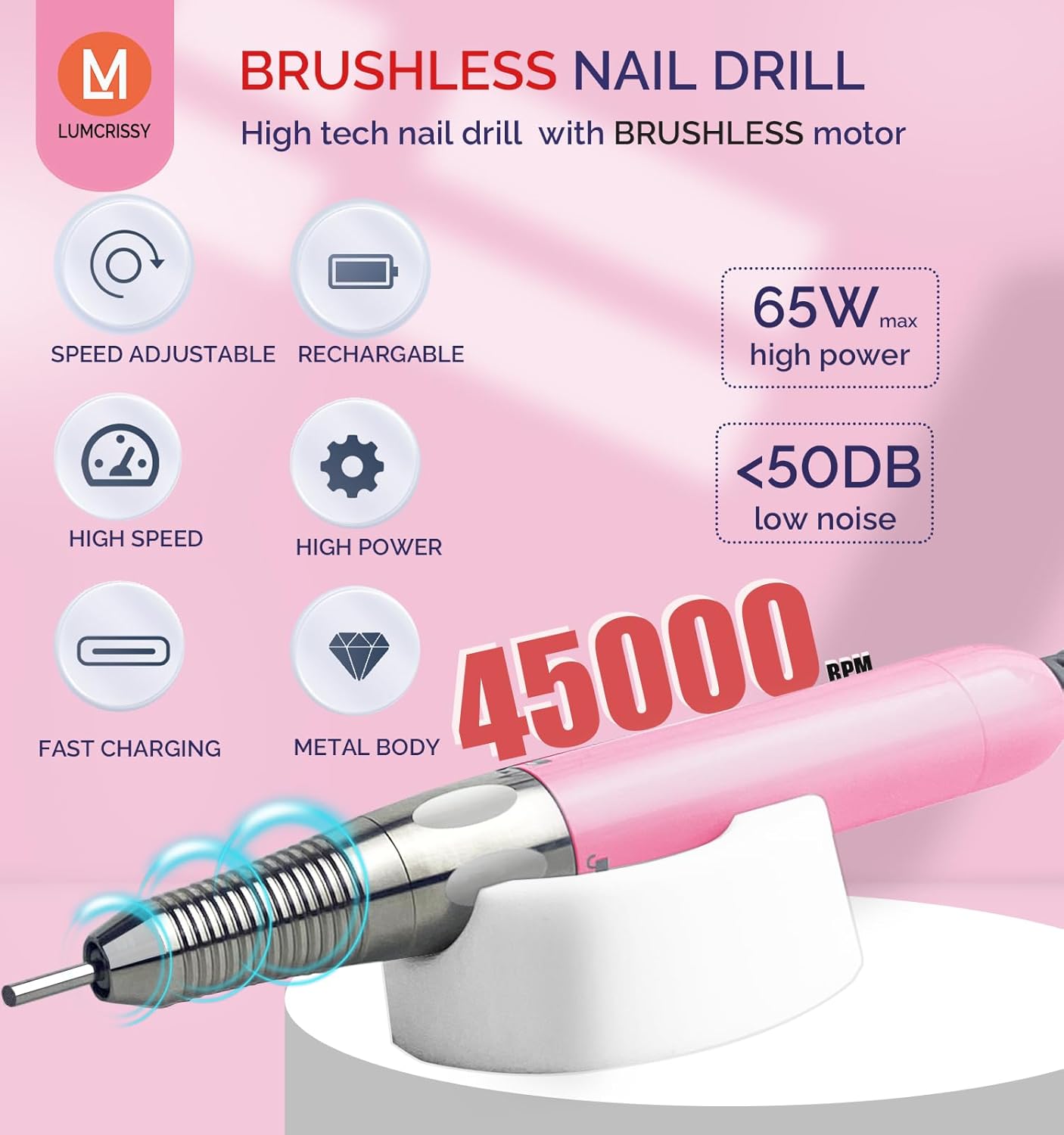 Professional Nail Drill Machine - 2-in-1 Brushless Motor Nail File, 45000 RPM 2*3500mAh Portable Efile for Acrylic Gel Nails with 6 Bits & ETL-Certified USB Charger for Salon & Home(Pink)