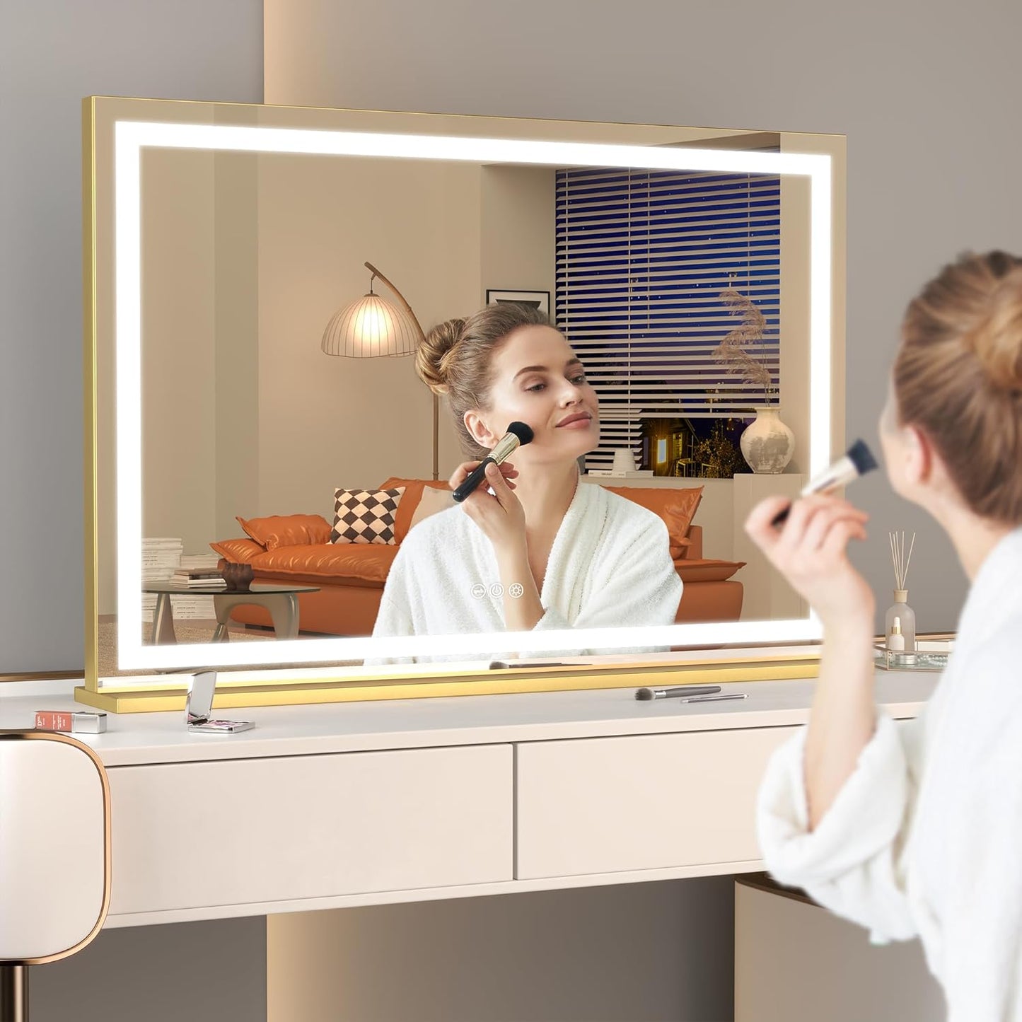 Hasipu Vanity Mirror with Lights, 23" x 18" LED Makeup Mirror, Lighted Makeup Mirror with Dimmable 3 Modes, Touch Screen Control Vanity Mirror Square Gold