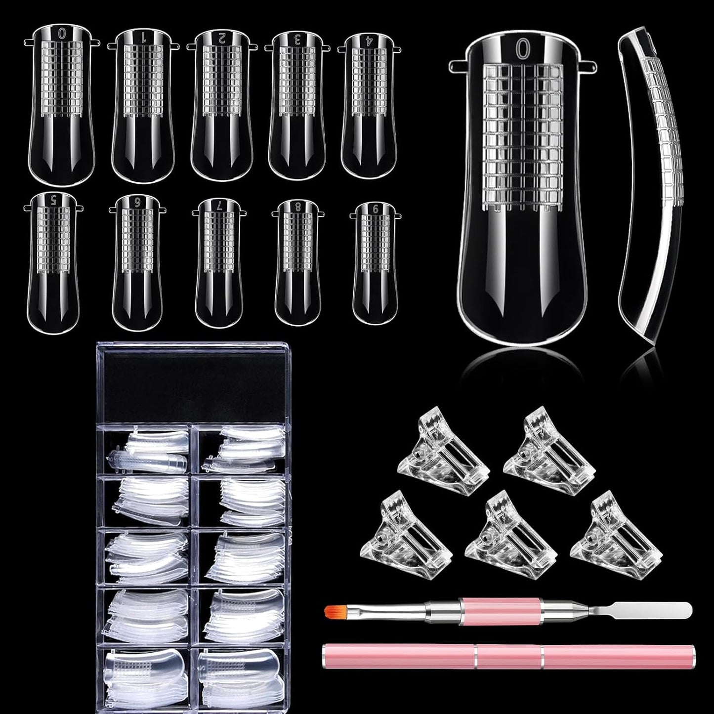 EBANKU 100 PCS Clear Nail Extension Form Tips Dual Nail Mold Full Cover UV Polygel Gel Tools Acrylic Nail System Forms Set with Black Dual-Ended Polygel Brush & Picker 5Pcs Nail Tips Clip (Pink)