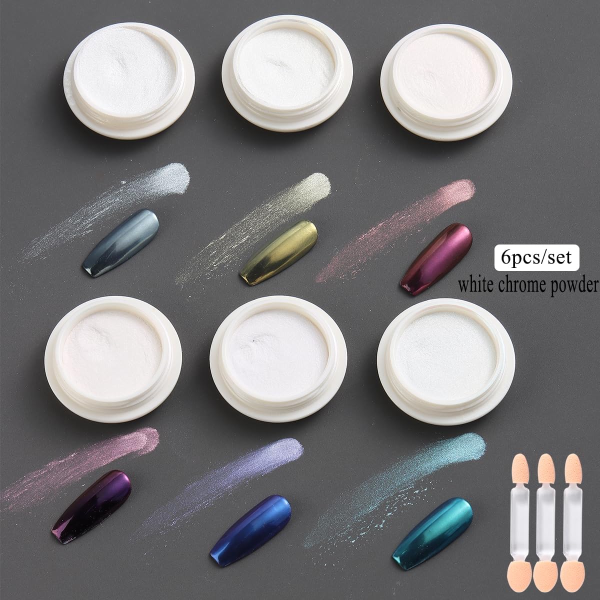 White Chrome Nail Powder - 6 Colors Pearl Chrome for Nails, Mirror Effect Metallic Rubbing Pigment Dust, Glazed Donut Nail Art Pearlescent Glitter Manicure Decor