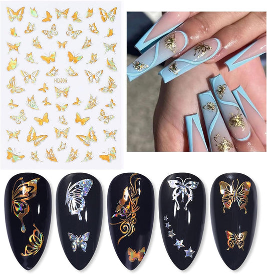 16 Sheets Butterfly Nail Art Stickers Decals 3D Self-Adhesive Gold Metallic Butterfly Nail Stickers Holographic Butterflies Design Nail Art Supplies for Women Acrylic Nail Art Decoration Accessories