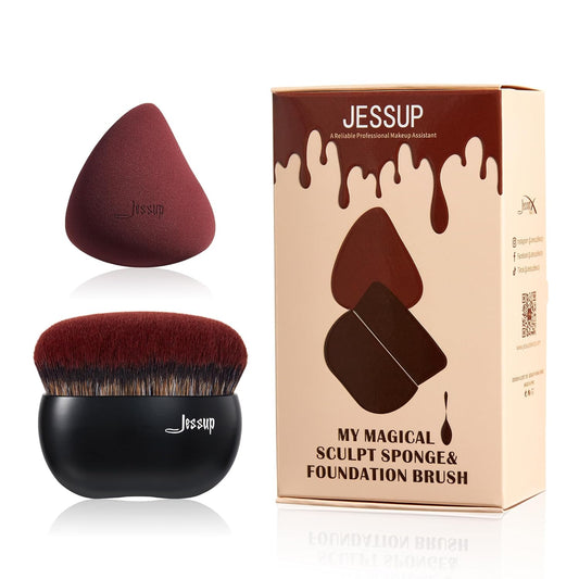 Jessup Foundation Brush with Makeup Sponge, Black Makeup Brush Flat Top Kabuki Brush for Liquid Blending Stippling, T881