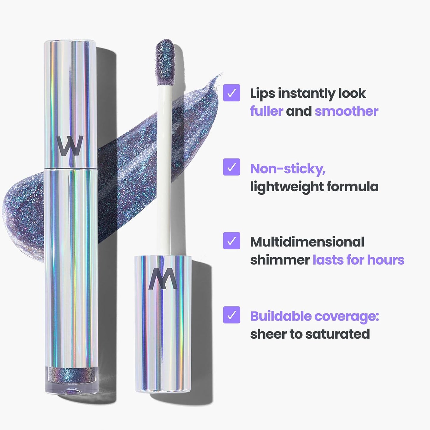 Wonderskin Lip Gloss Blading Top Gloss, Hydrating and High Shine Finish Lip Makeup (Blue Glitter)