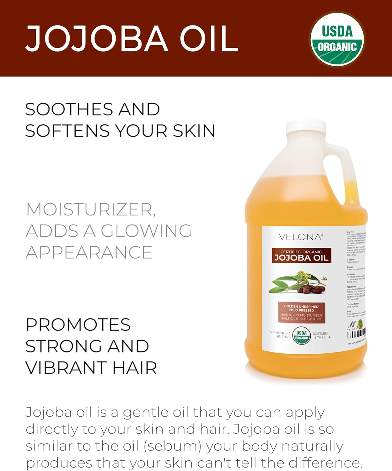 velona Jojoba Oil USDA Certified Organic - 64 Fl Oz | 100% Pure and Natural Carrier Oil| Golden, Unrefined, Cold Pressed, Hexane Free