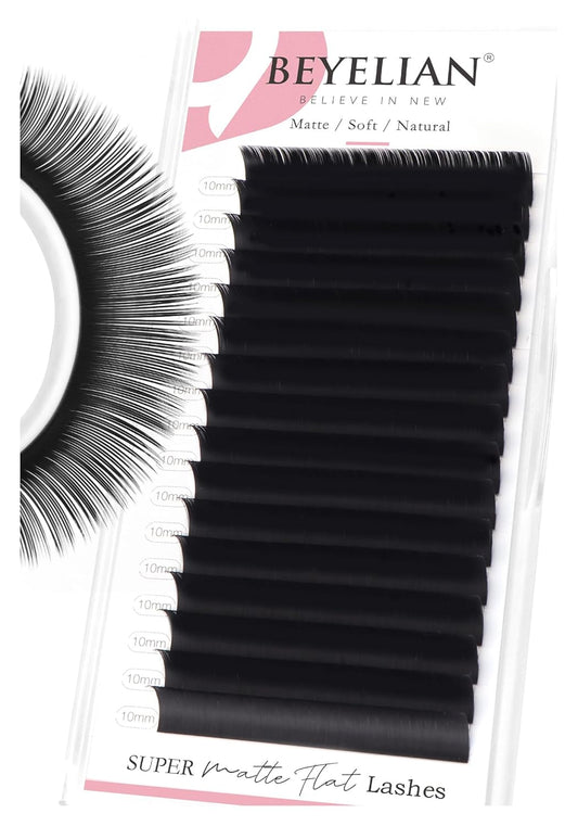 BEYELIAN Flat Eyelash Extension, Ellipse Lash Extensions 0.20 D Curl 10mm 16 Rows Matte Black Eyelash Extension Supplies Classic Lash Extensions Individual Eyelashes Salon Use