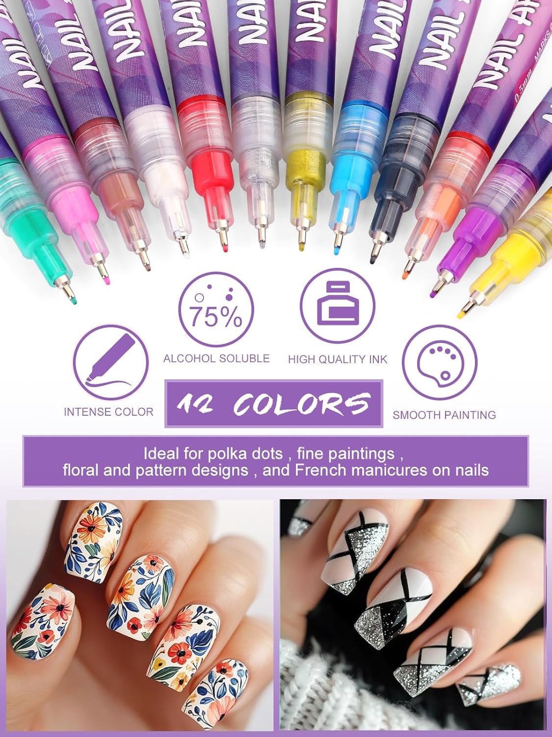 12 Color Nail Art Pens Set, Kalolary Nail Art Markers Polish Pens Nail Point Graffiti Dotting Pen Drawing Painting Liner Brush for DIY Nail Art Beauty Adorn Manicure Tools