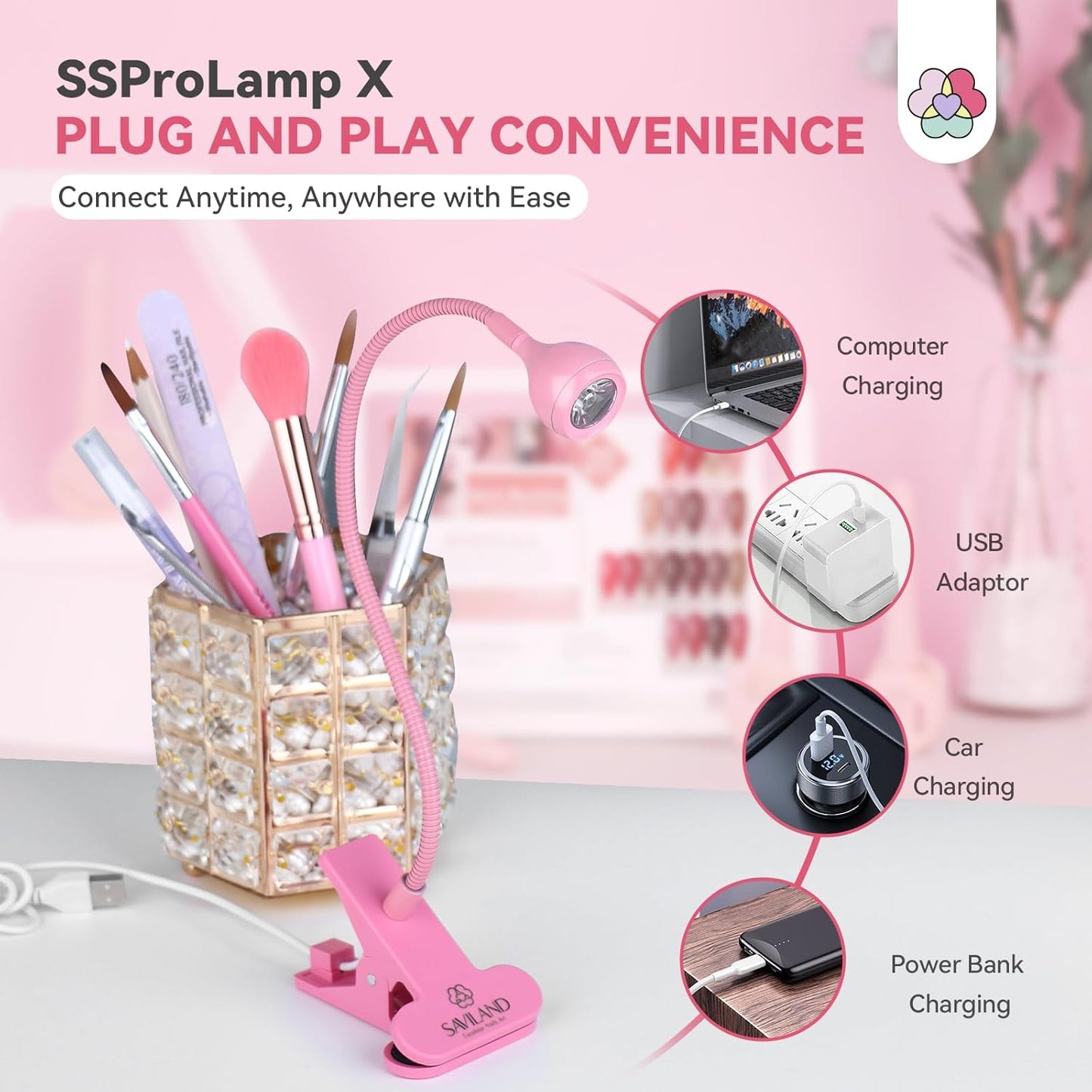 SAVILAND Gooseneck U V Lamp for Gel Nails: 2025 Pink LED U V Nail Gel Lamp 10s Flash Cure Light Gel Nail Tips Lamp with Desk Clip for Gel Nail Polish Mini Nail Dryer for Manicure Gel Light