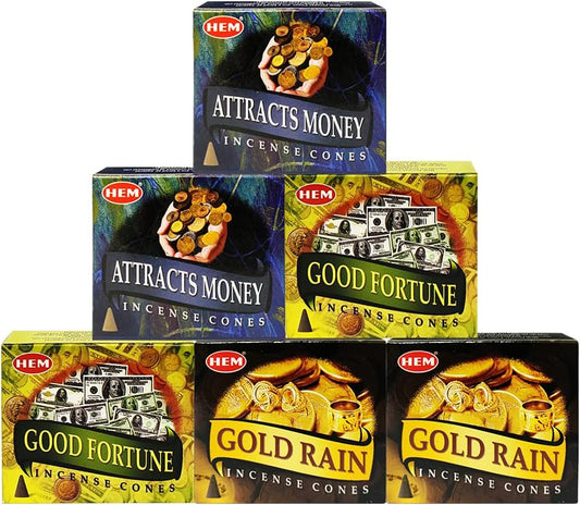 Attracts Money Good Fortune Gold Rain Incense Cones & Holder Bundle Variety Pack From Hem Trumiri Insense Insence