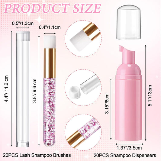 Zhehao 80 Pcs Lash Shampoo Bottle Brushes Kit 20 Foam Pump Dispensers 20 Lash Shampoo Brushes 20 Eyelash Aftercare Bag 20 Cleaning Pipes, Eyelash Extension Supplies(Pink)