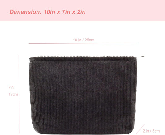 PAZIMIIK Makeup Bag Large Zipper Corduroy Make Up Pouch for Purse Travel Canvas Cosmetic Organizer for Women Brush Storage,Black