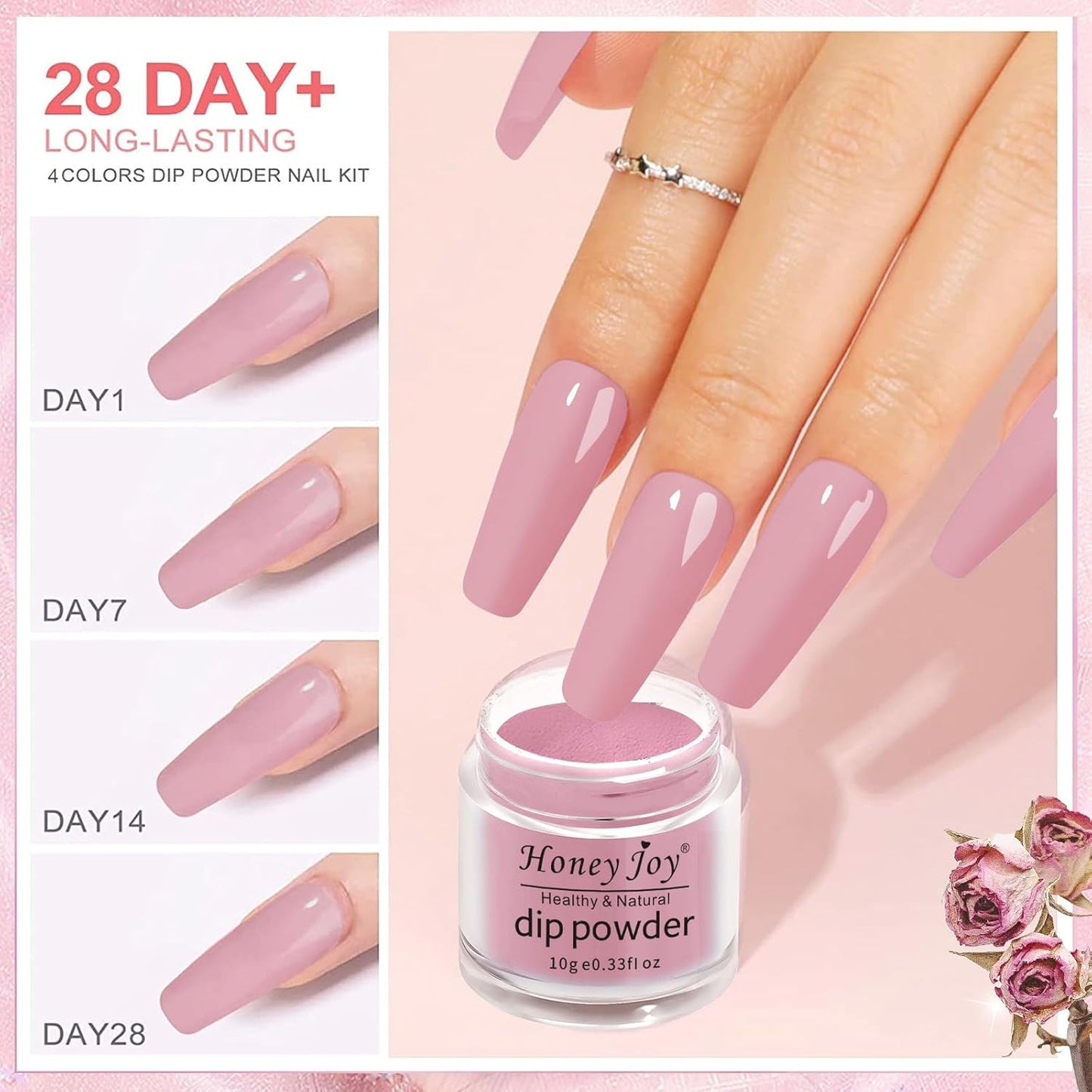 Honey Joy Dip Powder Nail Kit Starter, 4 Colors Pink Glitter Fine Dipping Powder Nude Color Kit with Base Top Coat Activator for Nail Art Manicure Salon DIY No LED Nail Lamp Needed, Dip-7pcs-No.17