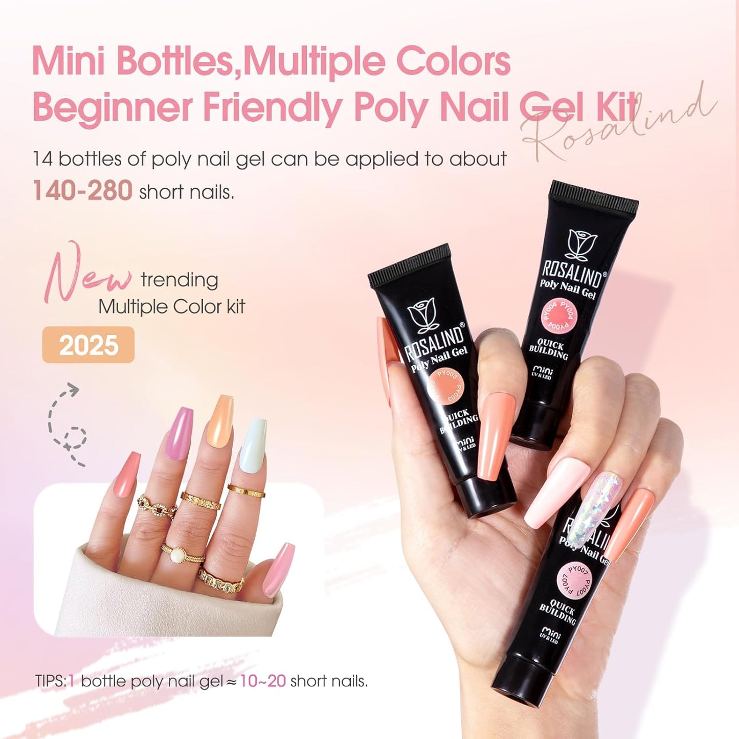 ROSALIND Poly Nail Gel Kit -14 Colors +72 Nail Art Accessories kit Nude Pink Poly Nails Gel Kit Starter Kit with Mini UV Lamp Slip Solution Basic Poly Nail Art Tools for Beginners with Everything