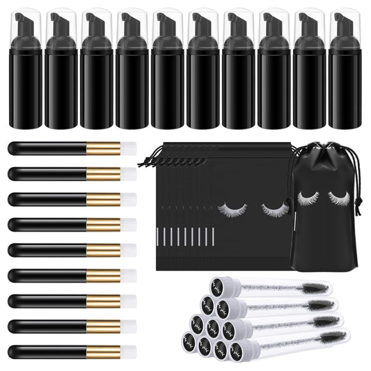 Homicozy 40 Pcs Lash Shampoo Bottle Brushes & Dispensers Set - 10 Pcs Lash Brushes, Tubes & Aftercare Bag for Clients, Women, Girls (Black)