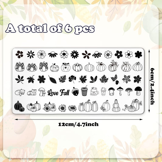 Whaline 6Pcs Fall Nail Plates Stamping Set Pumpkin Leaves Stamp Templates Nail Art Plates for Autumn Harvest Thanksgiving DIY Print Manicure Salon Design