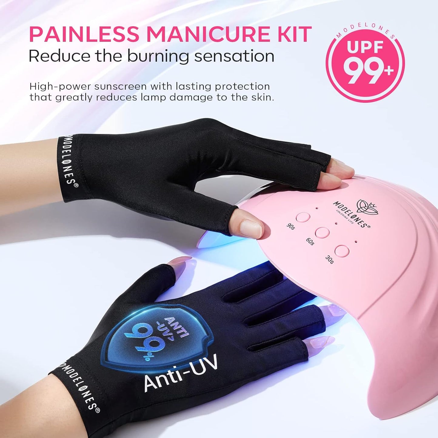 Modelones UV Light for Gel Nails with Gloves, 48 W Nail Dryer with 3 Timer Settings, Lamps for Gel Polish, Professional UPF99+ UV Protection Gloves for Art Manicure