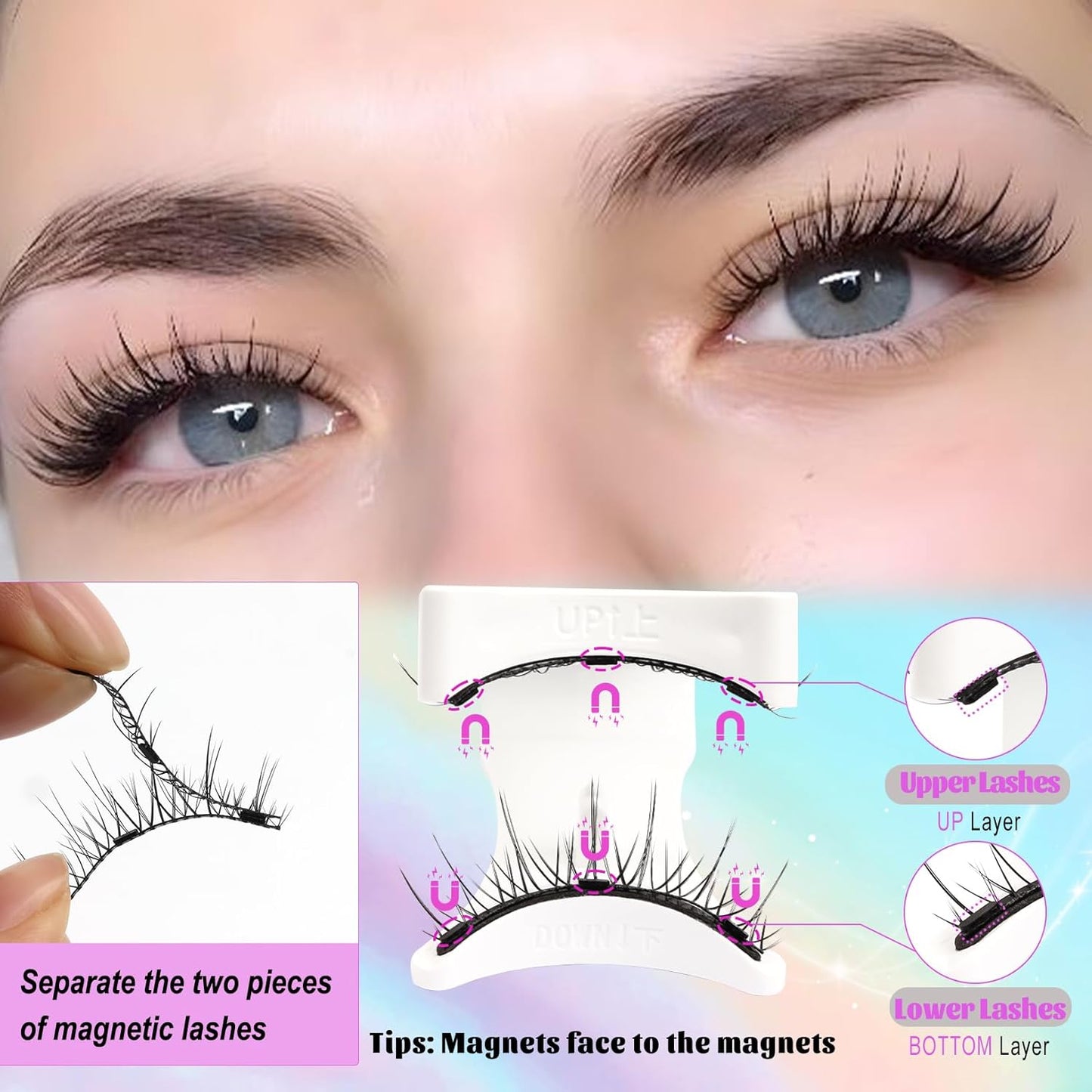 Losha Magnetic Eyelashes with Applicator Reusable No Glue Needed Magnetic Lashes Natural Look 1 Pair Wispy False Eyelashes without Eyeliner (Magical)