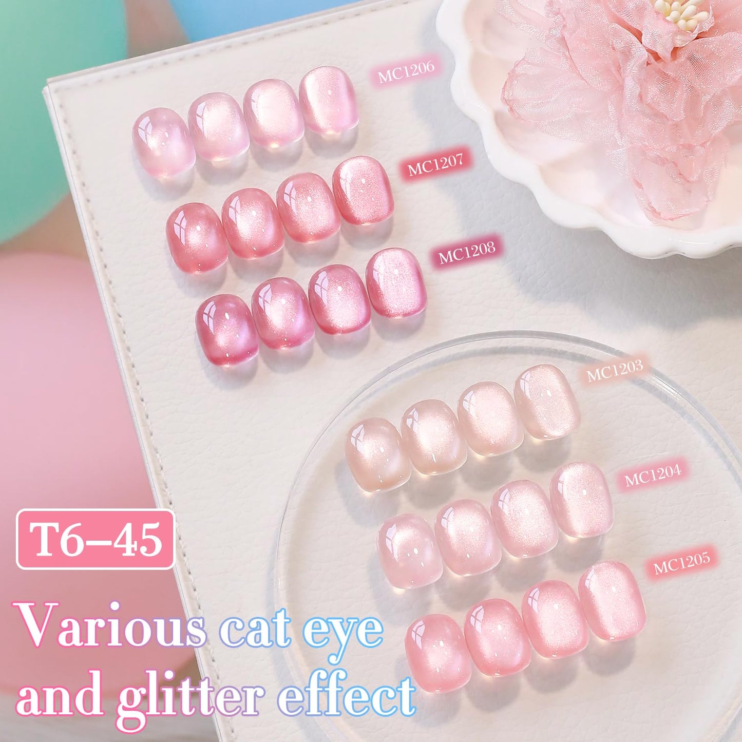 Double Rhythm Cat Eye Gel Nail Polish Set of 6 Same Color Same Bottle 0.5 Oz Shimmer Glitter with Magnet Holographic Reflective Magnetic UV Nail Polish Kit at Home (Glass Nude Pink Rose-T6-45)