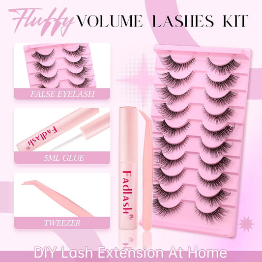 FADLASH False Eyelashes Kit Black Natural Cat Eye Lashes with lash bond Wear Comfortable Fake Lashes with Thin Band 10 Pairs Lash Applicator Tool at Home, BY003