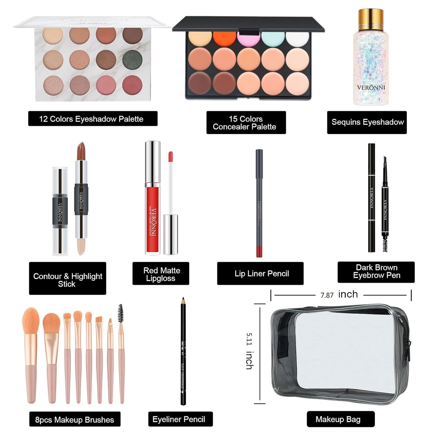 VERONNI Makeup Kit for Girls Women Full Kit ,All In One Makeup Gift Starter Set -Eyeshadow Palettes,Concealer ,Contour ,Lipgloss, Lipliner,Eyeliner,Makeup Brush,Eyebrow Pencil ,Travel Bag for Teens Birthday Christmas