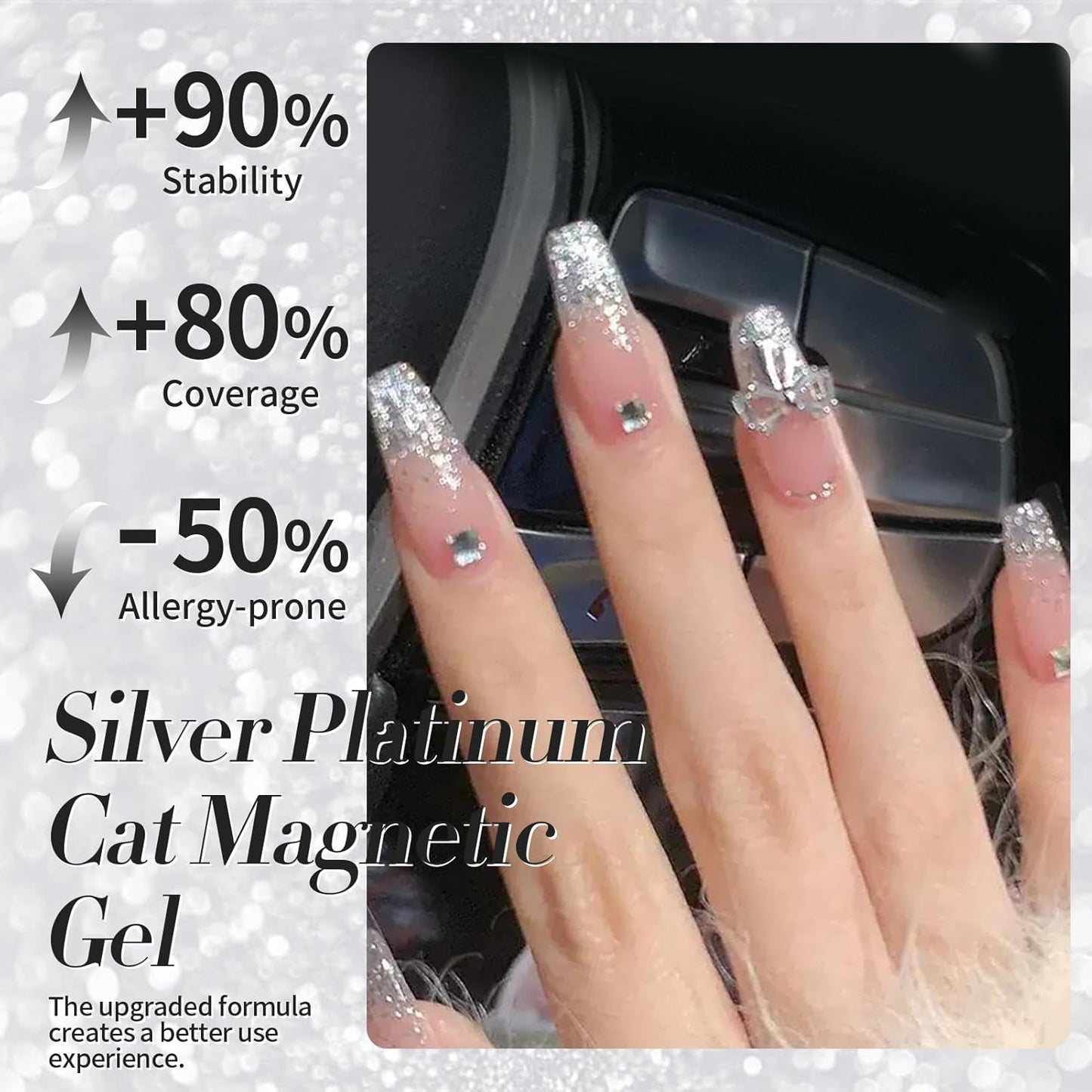 Born Pretty Cat Magnetic Eye Gel Nail Polish, Silver Platinum Cat Magnetic Gel, Sparkle Glitter Magnetic Soak Off U v Nail Gel Diy Art Manicure Nail Salon Varnish 15ML
