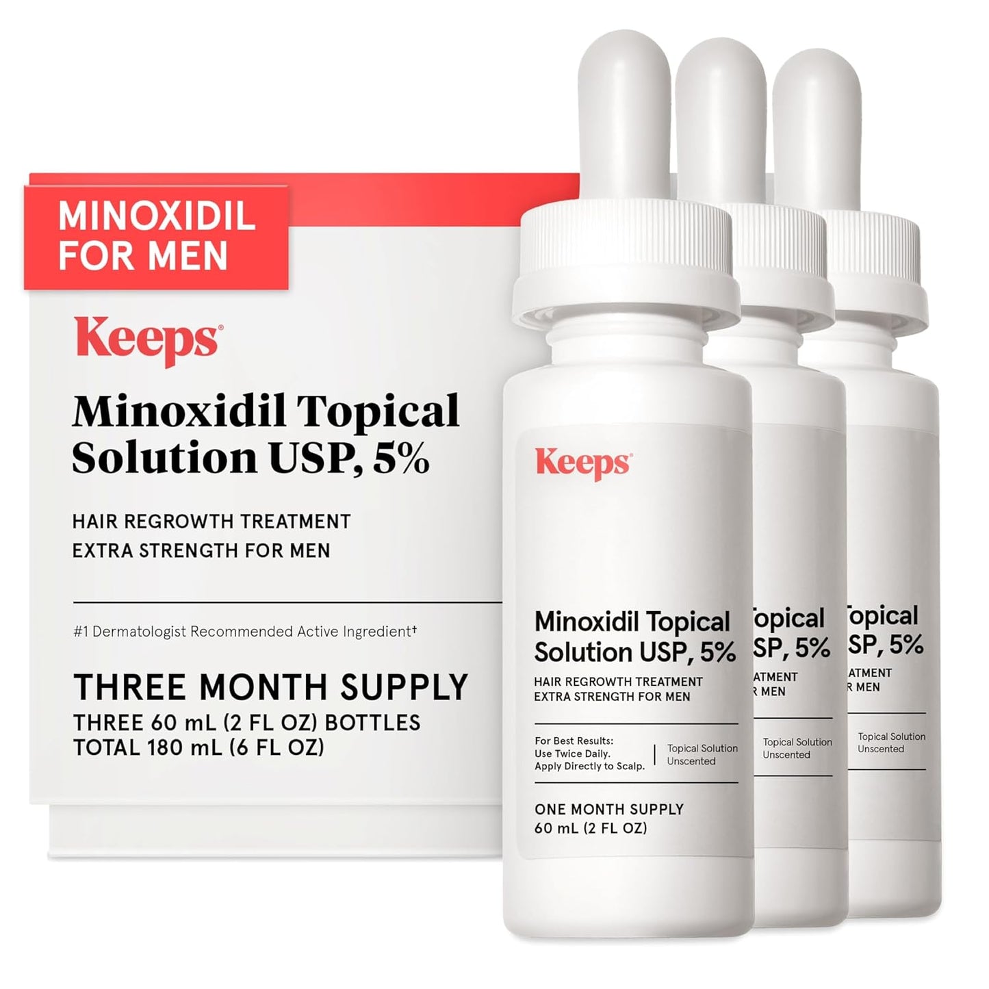Keeps Extra Strength Minoxidil for Men Topical Hair Growth Serum, 5% Solution Hair Loss Treatment - 3 Month Supply (3 x 2oz Bottles with Dropper) - Slows Hair Loss & Promotes Thicker Hair Regrowth