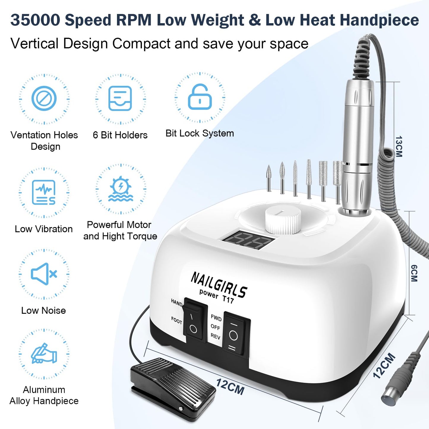 NAILGIRLS Electric Nail Drill Professional 35000RPM with Foot Pedal, Nail Drill Machine for Acrylic Gel Nails Manicure Pedicure with LCD Display Efile Tool for Salon Home Use