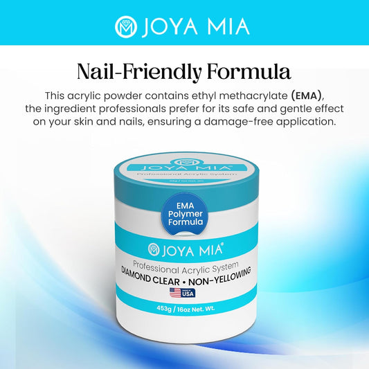 Joya Mia Acrylic Powder for Nails, MMA-Free, Super Adhesion Professional Powder for Flawless & Long-Lasting Nail Enhancements, Easy Application, Vibrant & Stunning Colors - Diamond Clear, 5 lbs