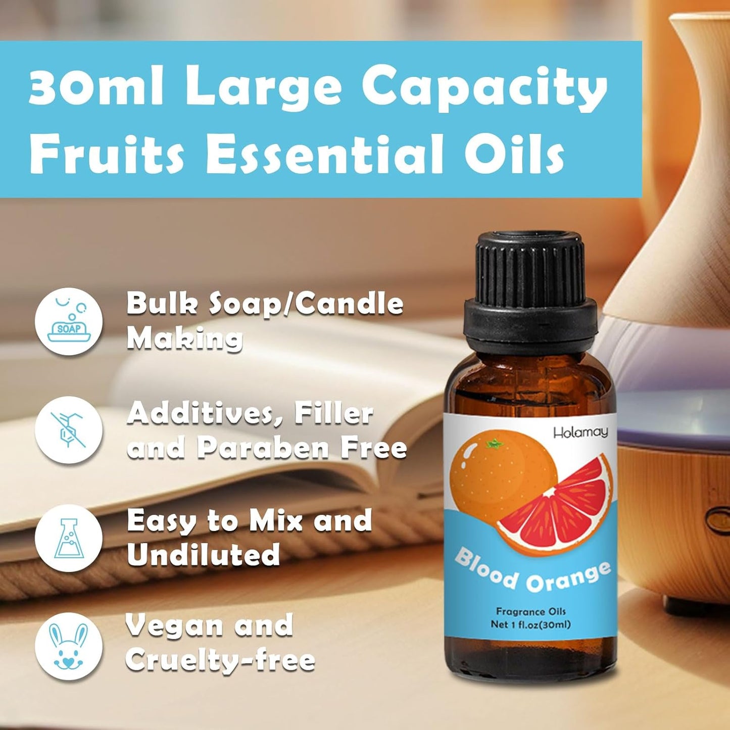 Holamay Fruit Essential Oils for Diffusers for Home, Fragrance Oil for Soap Making, Candle Scents for Candle Making 30ml x 10 - Coconut, Strawberry, Mango, Pineapple, Large Size Aromatherapy Oils Set