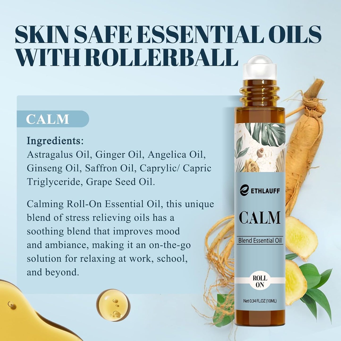 Calm Essential Oil Roll On, Aromatherapy Roll On Oil Blends for Stress Relief, Massage, Self Care Relaxation Gift